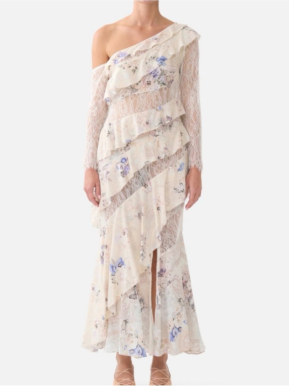 Camilla Asymmetric Frill Paneled One-Shoulder Long Sleeve Maxi Dress -size small